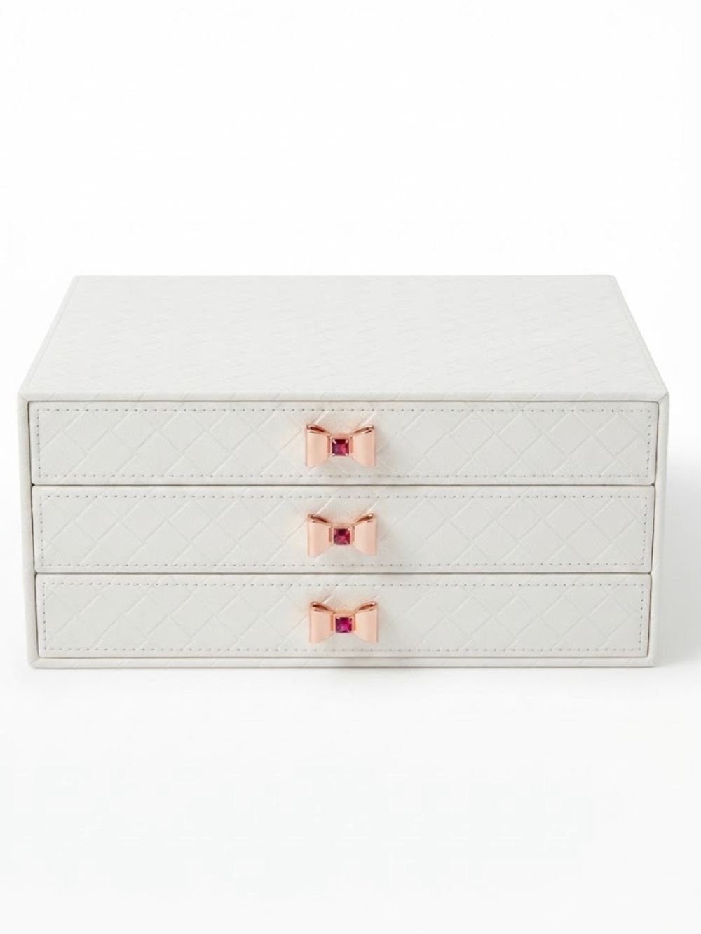 White Quilted 3-Drawer Jewelry or Cosmetic Drawers with Gold Bow Pulls